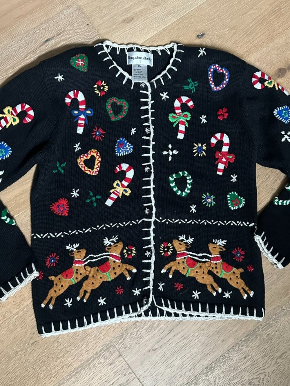 Holiday Embroidered Sweater PM – Reindeer & Candy Canes – Shoulder Pads + Bell